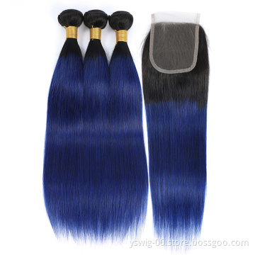 Peruvian Hair 1b/blue# Ombre Bundles Straight Hair Bundles with Closure, Remy Human Hair Weave Bundles With Closure